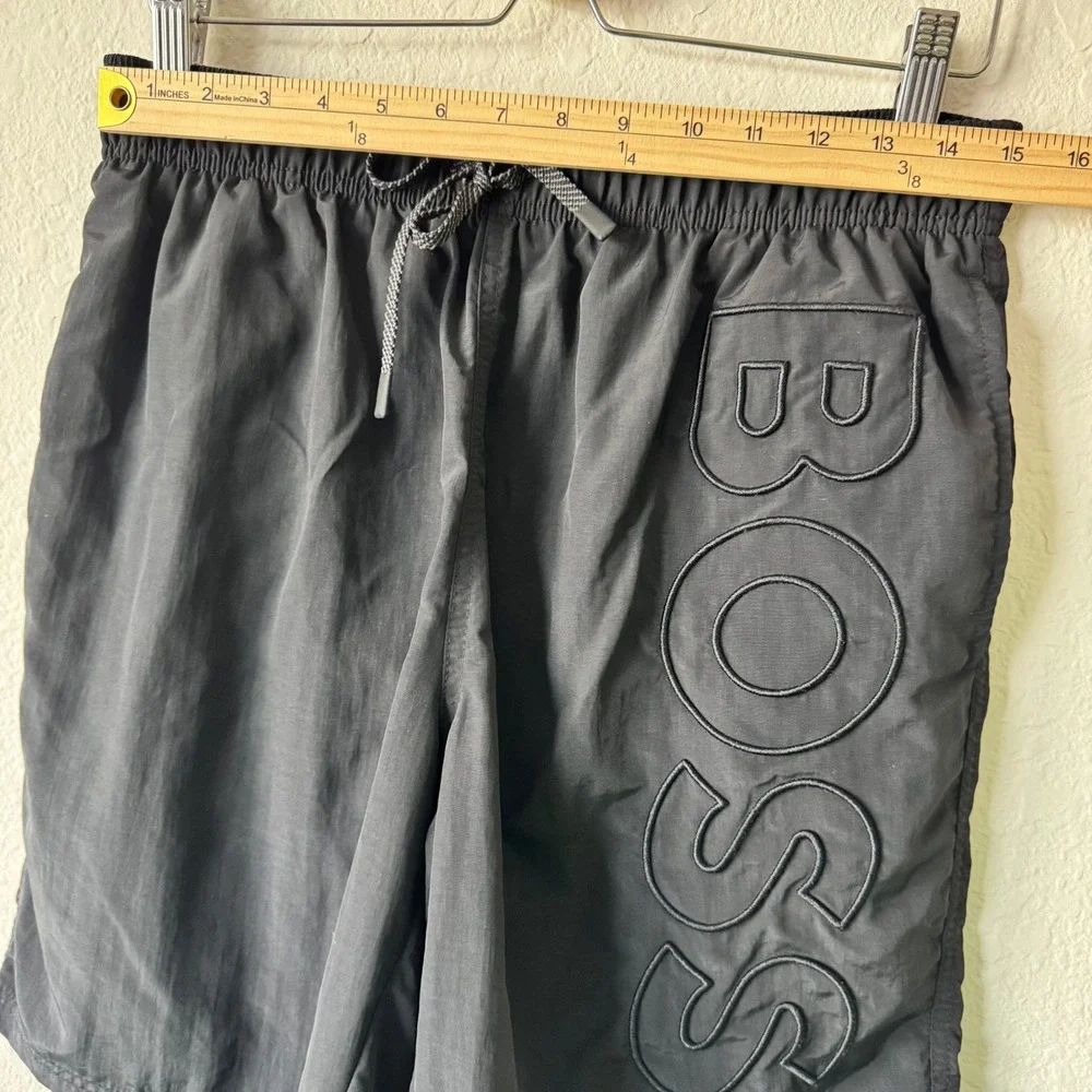 Hugo Boss Beach Mens Black Embroidered Lined Logo Swim Shorts Trunks Size L